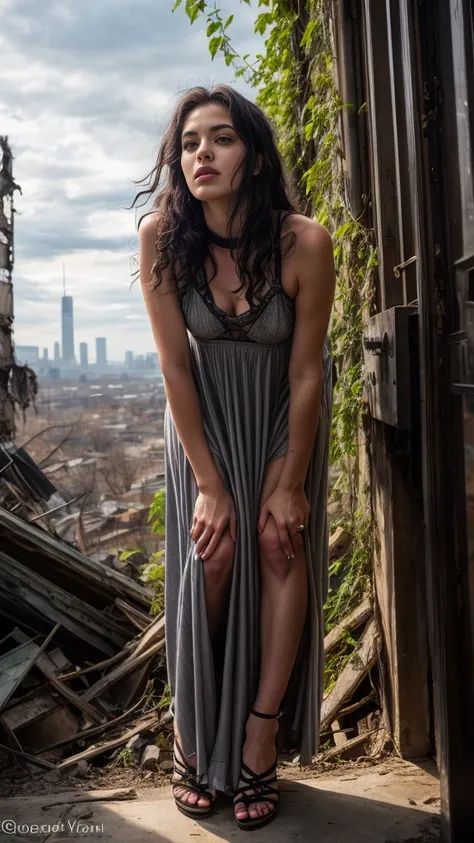 A beautiful European women, queen, Leaning forward, bending over, full body, wearing torn dress, long dress, bone crown, grey sky, Post-Apocalyptic city, lianas, trees, vines. She is 24 years old, has black hair, long hair, curly hair and black eyes. Her c...