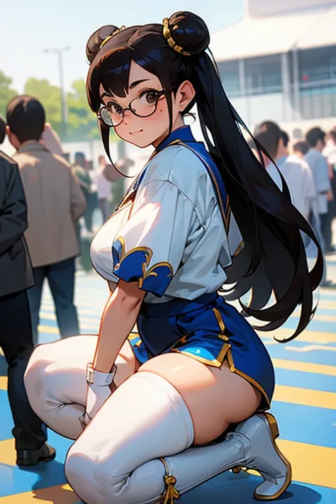 A chubby, freckled, black-haired girl with glasses dressed as Chun-Li wearing white boots and a shy expression at the Comiket venue