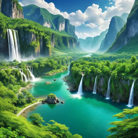 Masterpiece, ultimate quality, Cg unity 8k wallpaper, super delicate, beautiful sky and clouds, rich natural scenery, cliffs, lakes and rivers, waterfalls and flying water, beautiful green mountains, no trace of people, excellent scenery, has already won a...