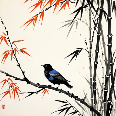 shukezouma, shuimobysim, ((starling)), willow branches, (masterpiece, best quality: 1.2), ((Traditional Chinese ink painting)), model style, bamboo branches, bamboo, wuchangshuo, red, orange, black, fire, starling, bird