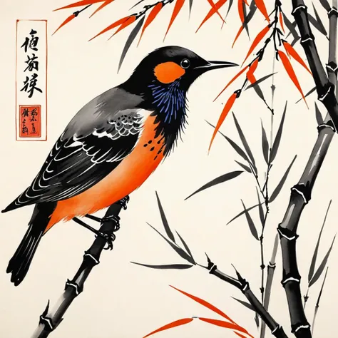 shukezouma, shuimobysim, ((starling)), willow branches, (masterpiece, best quality: 1.2), ((Traditional Chinese ink painting)), model style, bamboo branches, bamboo, wuchangshuo, red, orange, black, fire, starling, bird