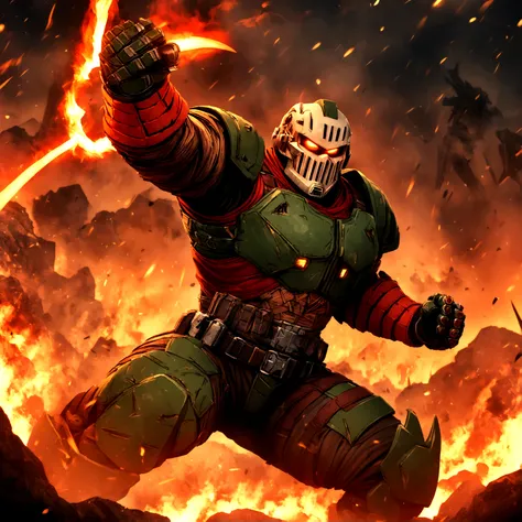 (4k, ultra-detailed) doom slayer, doom guy, doom slayer in disguise, hell, hellfire unleashed, dynamic pose, dark, hell, dynamic
