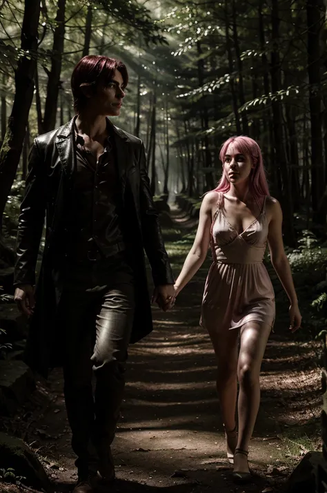 Damon Salvatore and a pink hair girl  Damila walk hand in hand through a dense, misty forest. Damons skin glistens faintly in the dappled sunlight breaking through the trees, highlighting his vampire nature. Damla, with her light pink hair and pale complex...