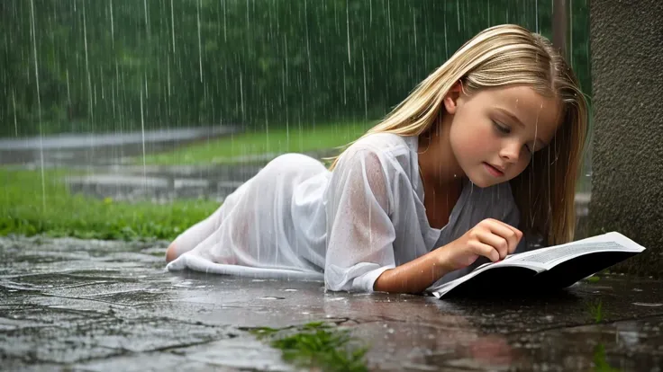 a girl 13yo american blonde laying on the grass in the rain with a b/w magazine, perfect movie shot, raining outside, under rain, from a movie scene, rainy wet, after rain and no girls, rain!!!!, in the rain, rainy outside, very realistic film still, rainy...