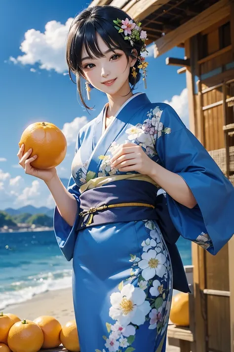 A beautiful smiling woman in a kimono holding a bunch of oranges under a blue sky