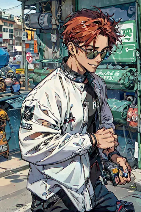 ((Work of art)), ((2000s anime style)), ((Very detailed)), ((4K)), 1 man, dark skin, American style hair, red hair color, has a goatee, wears earrings , wears round sunglasses, wearing a black car pilots jacket, baggy black pants, baggy pants, riding a mot...