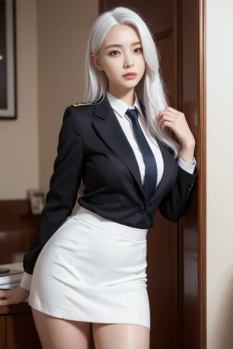 photorealistic, high resolution, 1 women, solo, hips up, look at viewer, (detailed face), white hair, long hair, secretary uniform, skirt