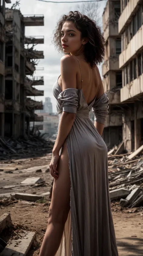 A beautiful European women, queen, Leaning forward, bending over, full body, wearing torn dress, long dress, bone crown, grey sky, Post-Apocalyptic city, lianas, trees, vines. She is 24 years old, has black hair, long hair, curly hair and black eyes. Her c...