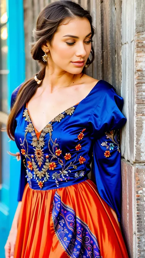 hyper realistic, a close up of a woman in a colorful dress leaning against a wall, beautiful dress, fantasy dress, extravagant dress, magical dress, stunning dress, dressed beautiful gown, gorgeous colors, stunning colors, wearing a magnificent dress, colo...