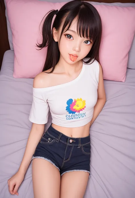 ollarbone,pastel colors t-shirt,off-shoulder look,bare shoulder,midriff peek,micro shorts,open mouth,(tongue out:2),lying,Selfie,looking ahead,from above,front view,cowboy shot,(1girl,Beautiful 14 year old girl),((Slender,Small breasts,Small face,)),lookin...