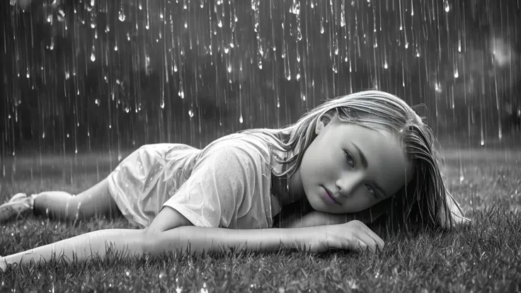 a girl 13yo american blonde laying on the grass in the rain with a b/w magazine, perfect movie shot, raining outside, under rain, from a movie scene, rainy wet, after rain and no girls, rain!!!!, in the rain, rainy outside, very realistic film still, rainy...