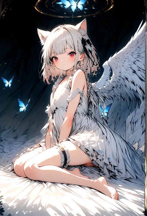 cute loli, cat girl, spread legs, white hair, white dress, red eyes, bare feet, bare legs, wings, angel, innocent, thigh strap, ...