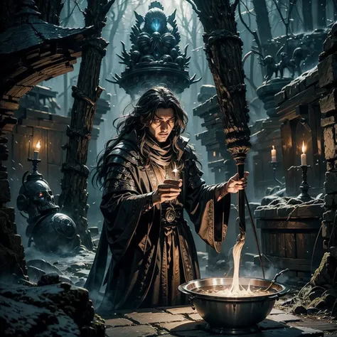 A sorcerer while he casts a spell in front of a steaming cauldron, some spurious ethereal females with illuminated white eyes rise from the cauldron