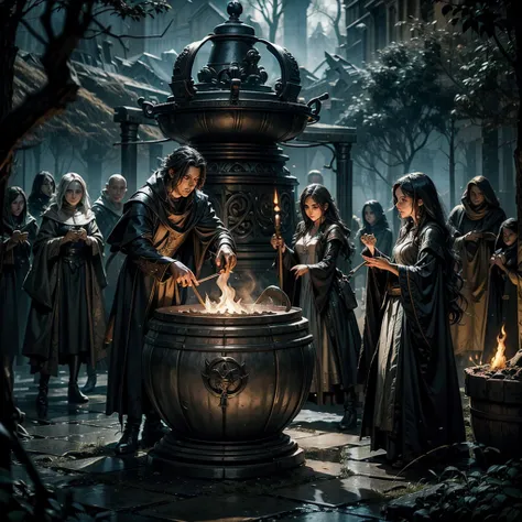 A sorcerer while he casts a spell in front of a steaming cauldron, some spurious ethereal females with illuminated white eyes rise from the cauldron