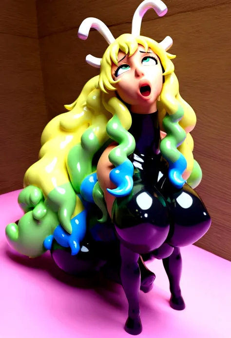 Lucoa, Queens Stallion, latex skin, shiny skin, latex hair, shiny hair, futanari, horsecock futanari, eyes rolling back, Lucoa Horns, inflatable hair, plastic hair, seam lines, dollification