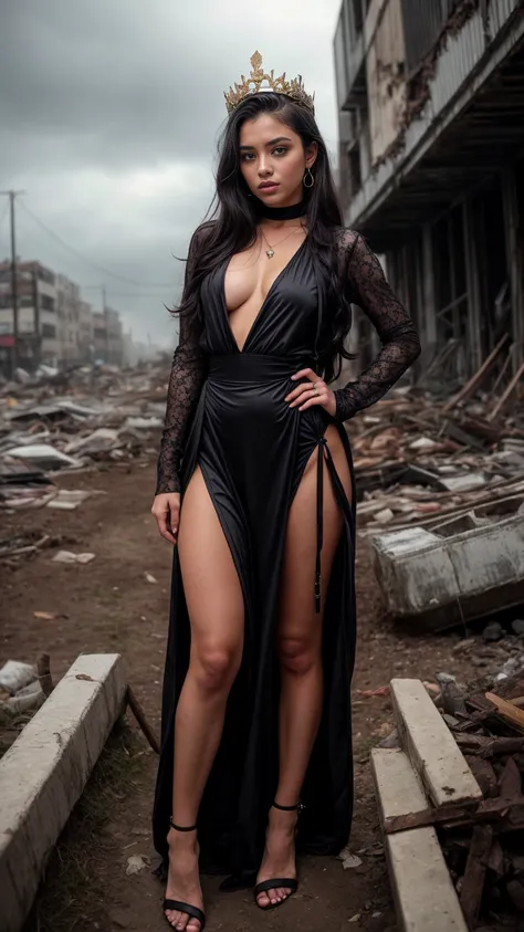 A beautiful European women, queen, full body, hands on hips, wearing torn dress, long dress, bone crown, grey sky, Post-Apocalyptic city, lianas, thickets. She is 24 years old, has black hair, long hair, curly hair and black eyes. Her cloth is stylish and ...