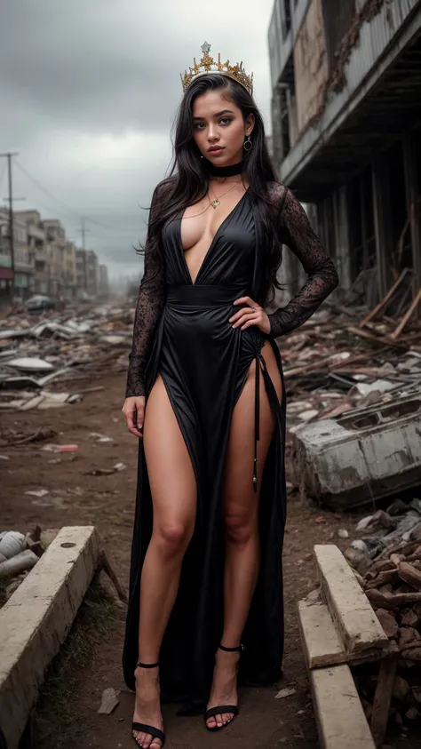 A beautiful European women, queen, full body, hands on hips, wearing torn dress, long dress, bone crown, grey sky, Post-Apocalyptic city, lianas, thickets. She is 24 years old, has black hair, long hair, curly hair and black eyes. Her cloth is stylish and ...