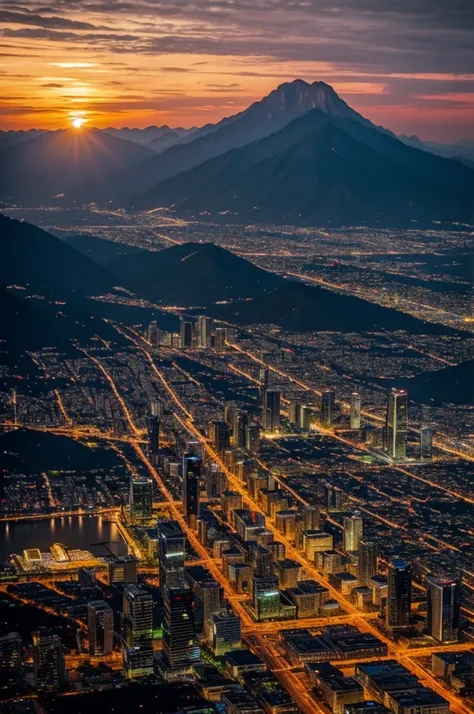 Give me the sunset of the city of Monterrey Nuevo León, where it looks super spectacular, like an album of songs, that it cannot be distinguished that it is AI, and that realism is perfect, If you want, add a night touch, but make it look as EPIC as possib...