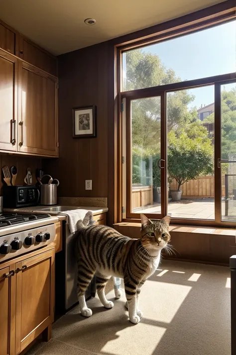 Setting: A cozy kitchen in a suburban home.
Characters: A curious tabby cat named Whiskers.
Action: Whiskers wakes up, stretches, and looks out the window. She sees a bustling marketplace across the street.