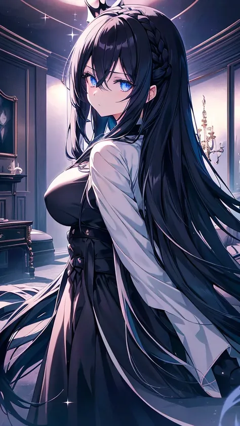 best quality, extremely detailed, anime style girl, long hair down to the waist, straight hair, dark black hair with bluish,crown braid,beautiful detailed eyes, pinched eyes, dark blue eyes, gradation eyes,huge breasts,((((black atmosphere)))),((Luxurious ...