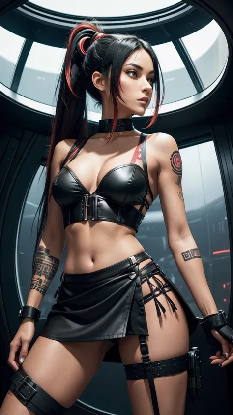 Pitite tan woman,  long raven black hair with vibrant red highlights tied up into a ponytail, tribal tattoos, tight corset top and mini skirt, lazer pistols strapped to both thighs just below the hem of her mini skirt, on a space ship, standing in front of...