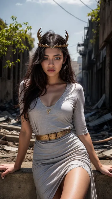 A beautiful European women, queen, Leaning on a burning wall, wearing torn dress, long dress, bone crown, grey sky, Post-Apocalyptic city, lianas, trees, vines. She is 24 years old, has black hair, long hair, curly hair and black eyes. Her cloth is stylish...