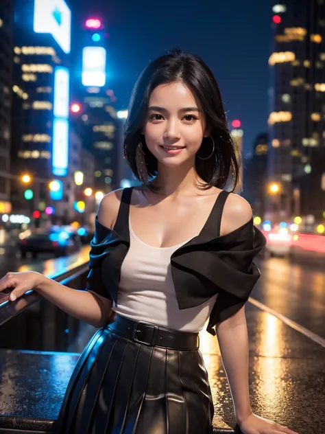 (RAW Photos, 最high quality), (Realistic, photoRealistic: 1.2),  1 very beautiful woman, Outdoor selfie, (Skin with attention to detail: 1.2), (Puffy eyes), (Lying Silkworm), smile, clavicle, water, Straight brown black hair, Pure black pleated skirt, Soft ...