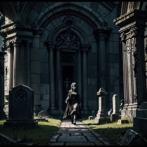 An undead girl emerges from the ground of a gothic cemetery tombstone, in the background other tombstones with sinister and demonic figures