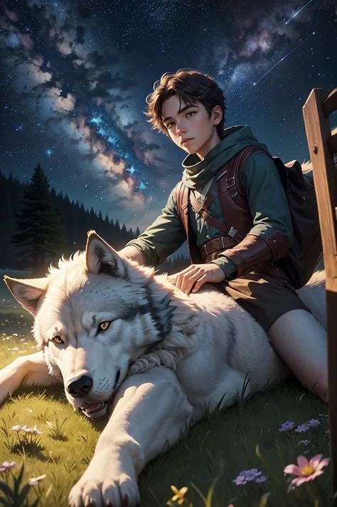 Starry sky over a beautiful meadow and a young adventurer lying next to his giant wolf while watching the stars