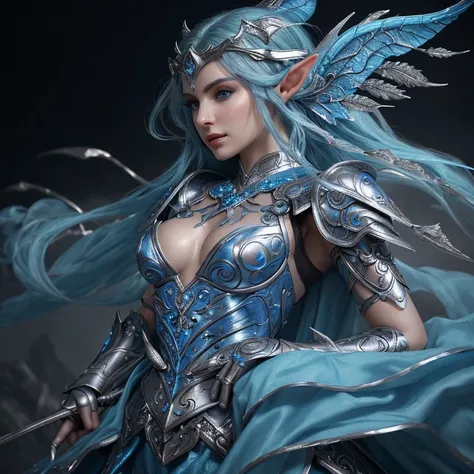  Masterpiece a studio photograph., a closeup of a seductive elf girl in a silver and blue dress, detailed fantasy art, awesome character art, fanart best art station, Exquisite and epic character art.., beautiful armor, Extremely detailed artistic germ, de...