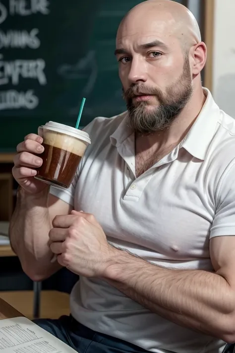 maestro, bald man between 40 and 45 years old, bearded,  muscular, Big, high, moreno, drinking coffee in a classroom, casually dressed