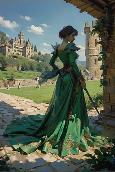 A princess facing a green giant dragon, she is wearing an elegant dress and wielding a big berserk. The setting is a castle.