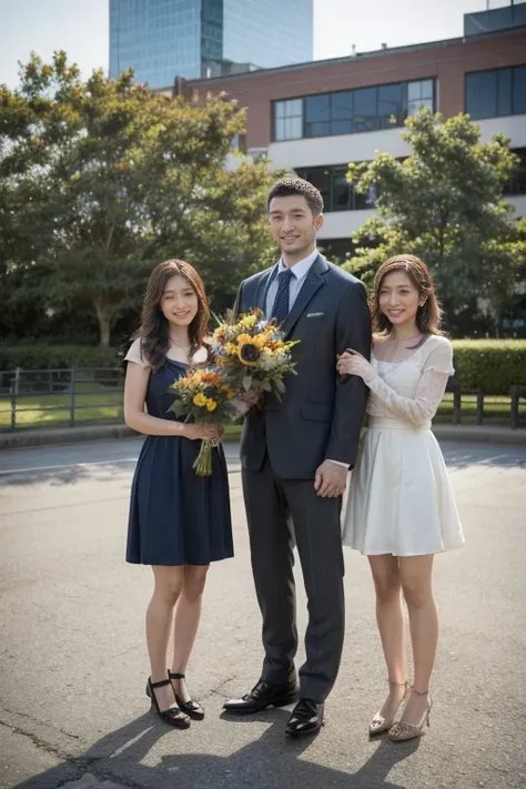 Five people standing together，Holding a bouquet of flowers, Graduation photo,  family, Wearing academic dress, postgraduate, Photo taken in 2023, happy 