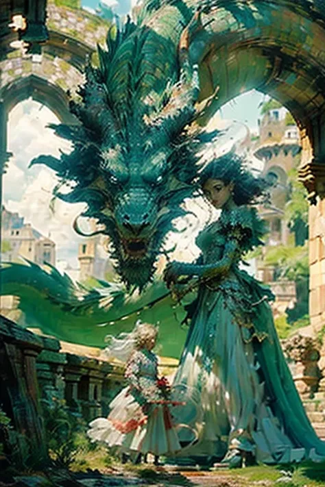 A princess facing a green giant dragon, she is wearing an elegant dress and wielding a big berserk. The setting is a castle.