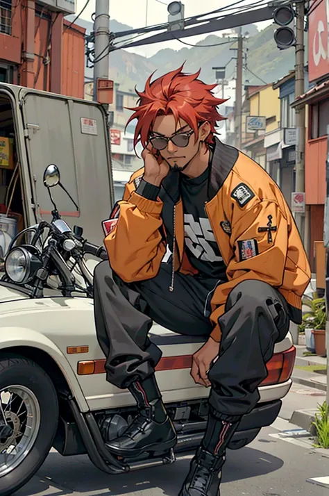 ((Work of art)), ((2000s anime style)), ((Very detailed)), ((4K)), 1 man, dark skin, American style hair, red hair color, has a goatee, wears earrings , wears round sunglasses, wearing a black car pilots jacket, baggy black pants, baggy pants, sitting clos...