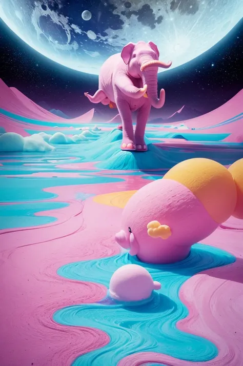 Imagine an image where a giant pink elephant is rollerblading on the Moon, surrounded by a cloud of colorful marshmallows floating in space. In the background, theres a surreal landscape with trees made of giant colored pencils and a river flowing smoothly...