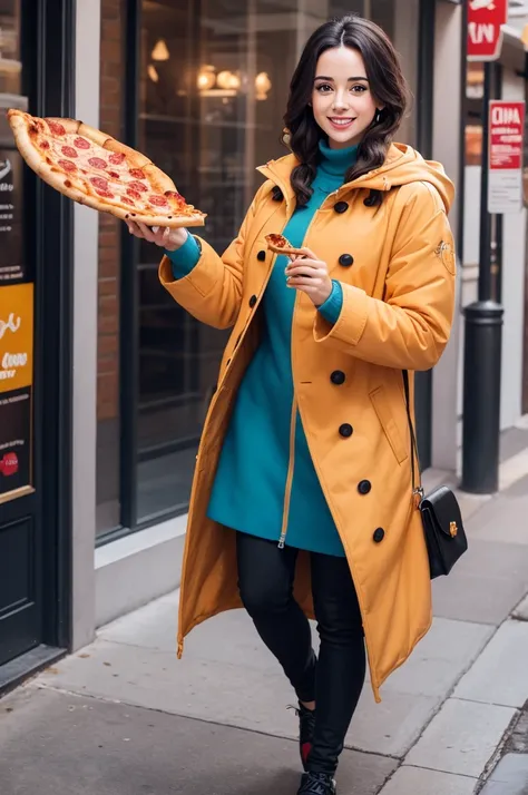 Create a fun Disney character who wants to eat pizza in a pizza coat with a pepperoni pizza in hand