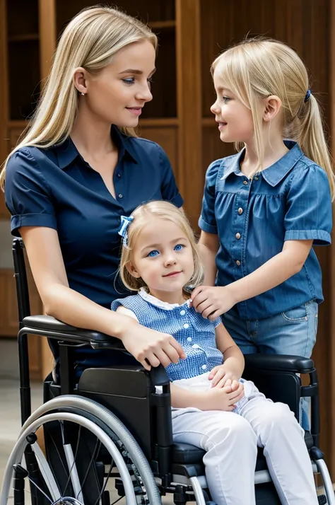 blonde girl, of German breed, blue eyes. The girl is in a wheelchair, the wheelchair is black, The girl is wearing a blue blouse and a diaper.