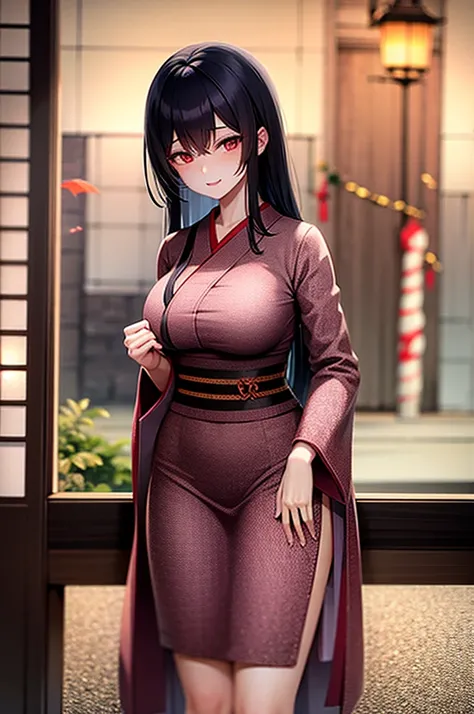 50 years old,woman,miko,Yandere,japanes miko,black hair,long hair,blue inner hair,contrappost,red eyes,making a heart with hands,milf,mom,older sister,elder sister,yandere,shrine maiden,hairs between eyes,