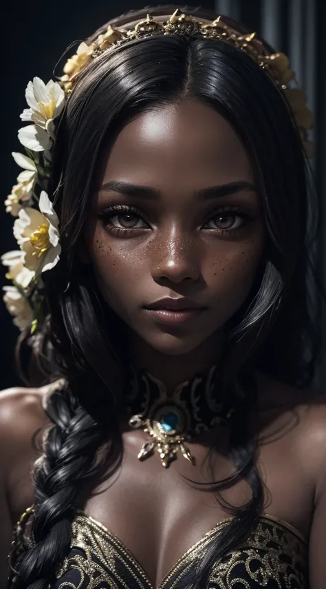 An exquisite portrait of a black African woman with deep ebony skin, photography captured in stunning 8k resolution and raw format to preserve the highest quality of details. The beauty of women is undeniable, her face commanding the frame in a close-up th...