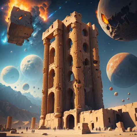 The damaged building of Persepolis, the physical space on fire, the closeness of the planets is evident in the sky