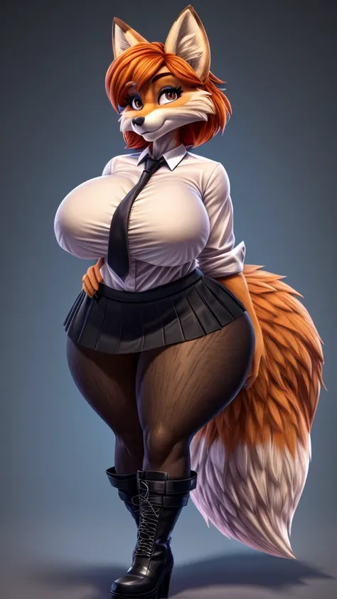 Skye from Paw Patrol, as a mature adult female mommy fox, fluffy flowy ginger orange hair, magenta iris, tall, big breasts, big butt, thick thighs, white shirt with black tie, black skirt, black pantyhose, boots, detailed, standing, solo, beautiful, high q...