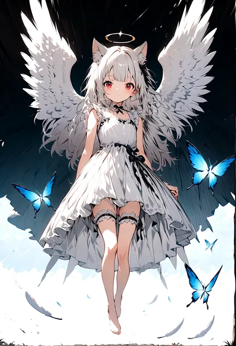 cute loli,cat girl,spread legs,white hair,white dress,red eyes,bare feet,bare legs,wings,angel,innocent,thigh strap,feathers,blu...