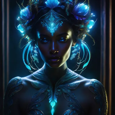 a charming anthropomorphic strong bioluminescent full bodygirl, translucent skin, strong glowing bioluminescent details, ethereal atmospheric lighting, dramatic chiaroscuro lighting, rich color palette, dreamlike fantasy, digital painting, hyperrealistic, ...