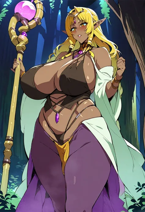 masterpiece, best quality, 1 female has very dark skin, adult, tall, plump, in a magical forest, elf girl, mighty plump female sorceress, forest hunter lady, elf queen, she is holding a long staff, blonde curly hair, long braid, hair, huge ample breast, sa...