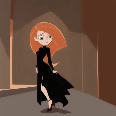 Best_QualityPos, RAW photo, intricate details, best quality, 8k uhd, soft lighting, 1girl, solo, green eyes, orange hair, long hair, black dress, long dress, high heels, kim possible 