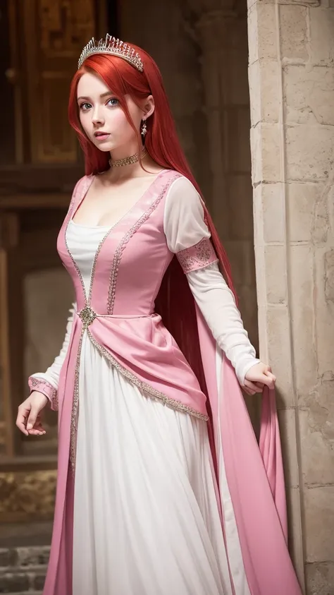 a medieval princess-like woman with red hair, blue eyes and white skin wearing a pink dress