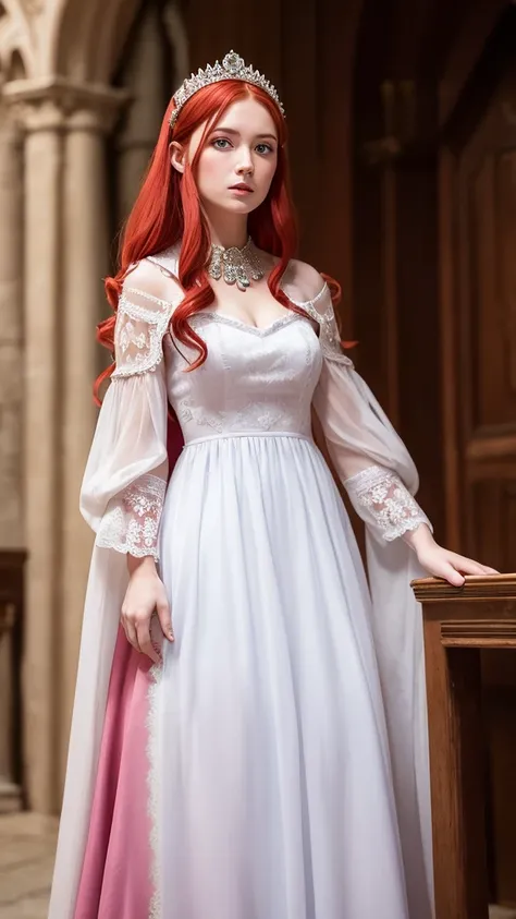 a medieval princess-like woman with red hair, blue eyes and white skin wearing a pink dress