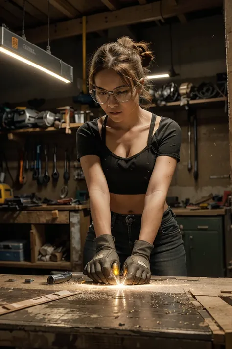 "In a well-equipped workshop, the scene focuses on a workbench where several electrical tools are arranged. At the center, an electric saw is in operation, cutting a piece of wood accurately, sparks flying due to contact with a hidden nail. The saw makes a...