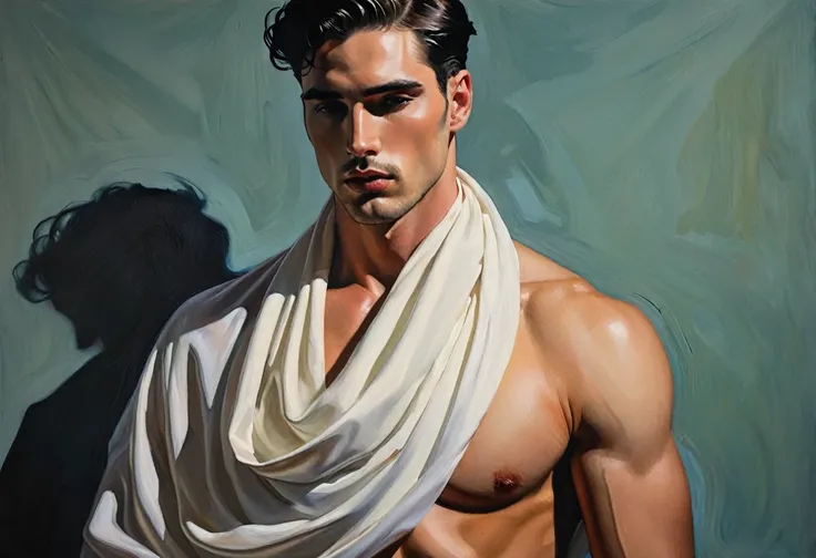 chiaroscuro technique on sensual illustration of an arafed man in white drapes, sexy masculine, diego fazio, male model, by Ludovit Fulla, model with attractive body, inspired by Ludovit Fulla, mid-shot of a hunky, the model draped in flowing, thick oil pa...